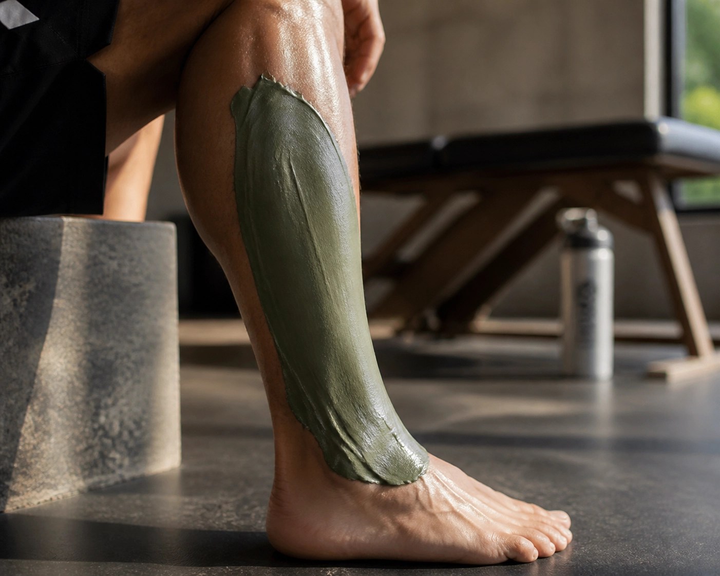 Athletic leg recovery using Clayer green clay paste to reduce muscle inflammation.