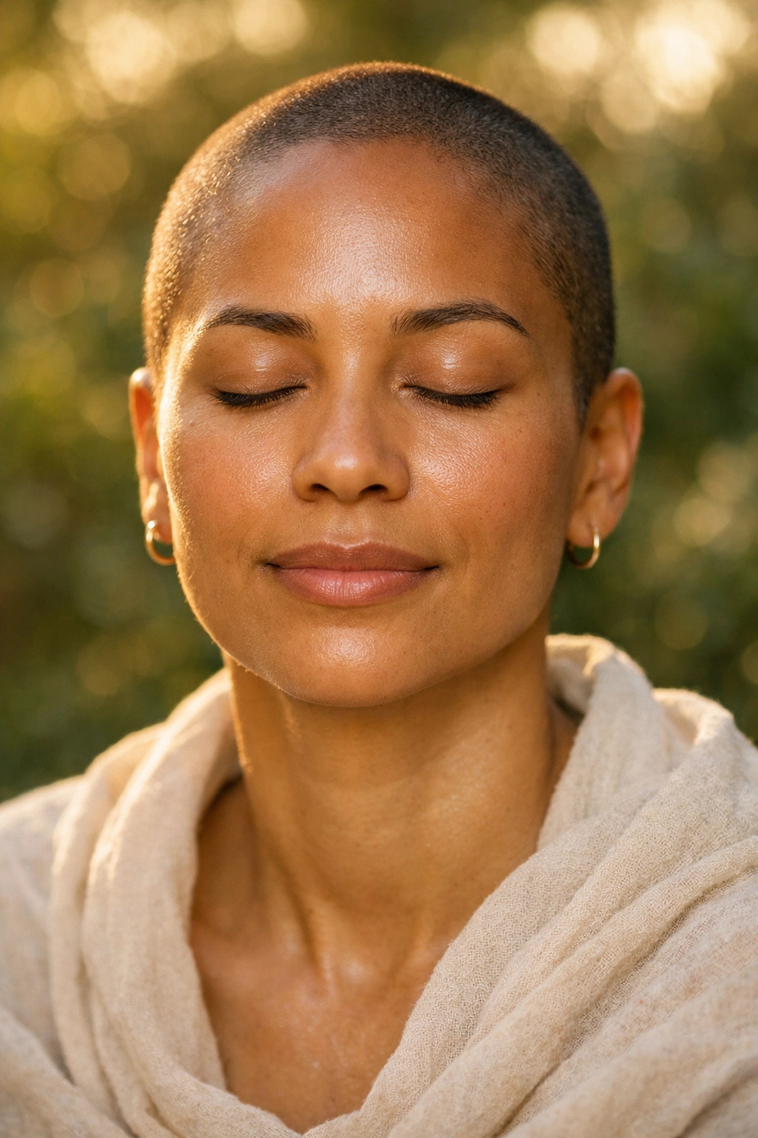 A woman with glowing, clear skin after a grounding French green clay detox mask.