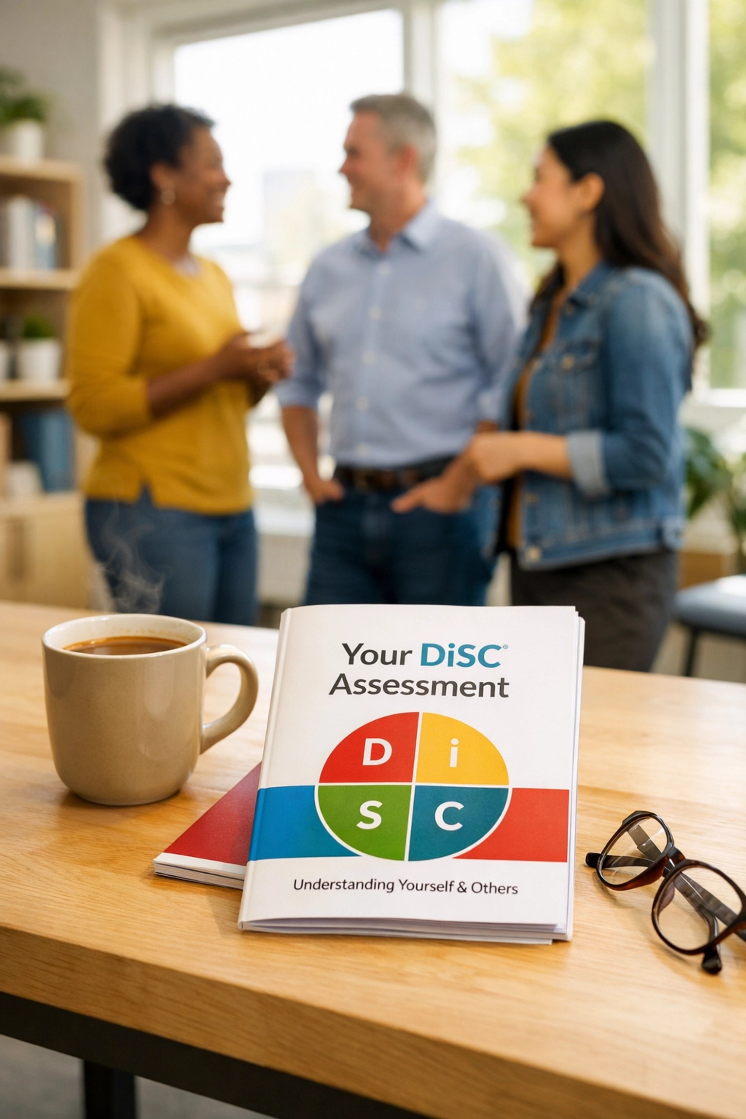 Non-profit staff discussing DiSC assessment results during a team meeting in a sunlit office.