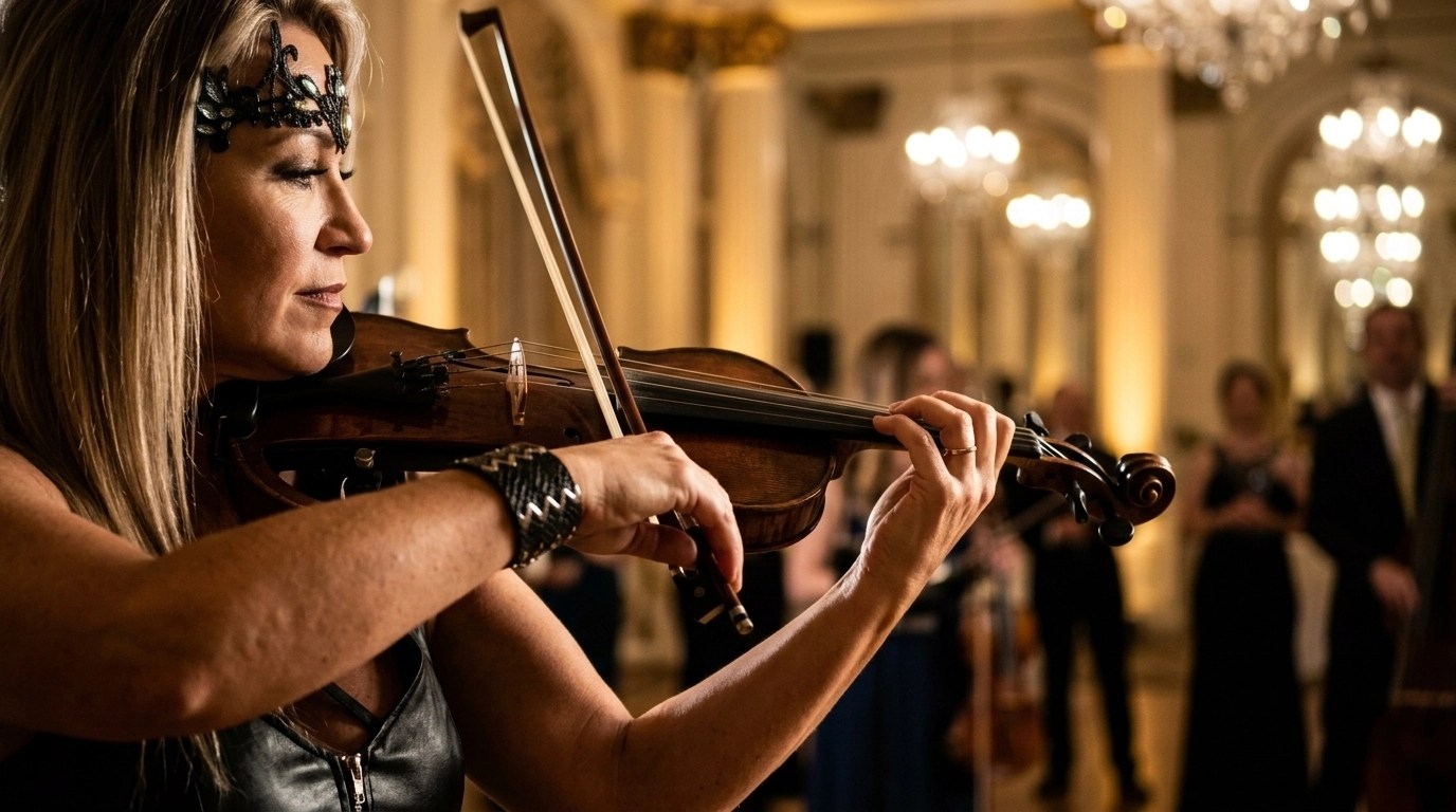 Close-up of a professional violinist's hands gracefully playing with golden, ambient lighting.
