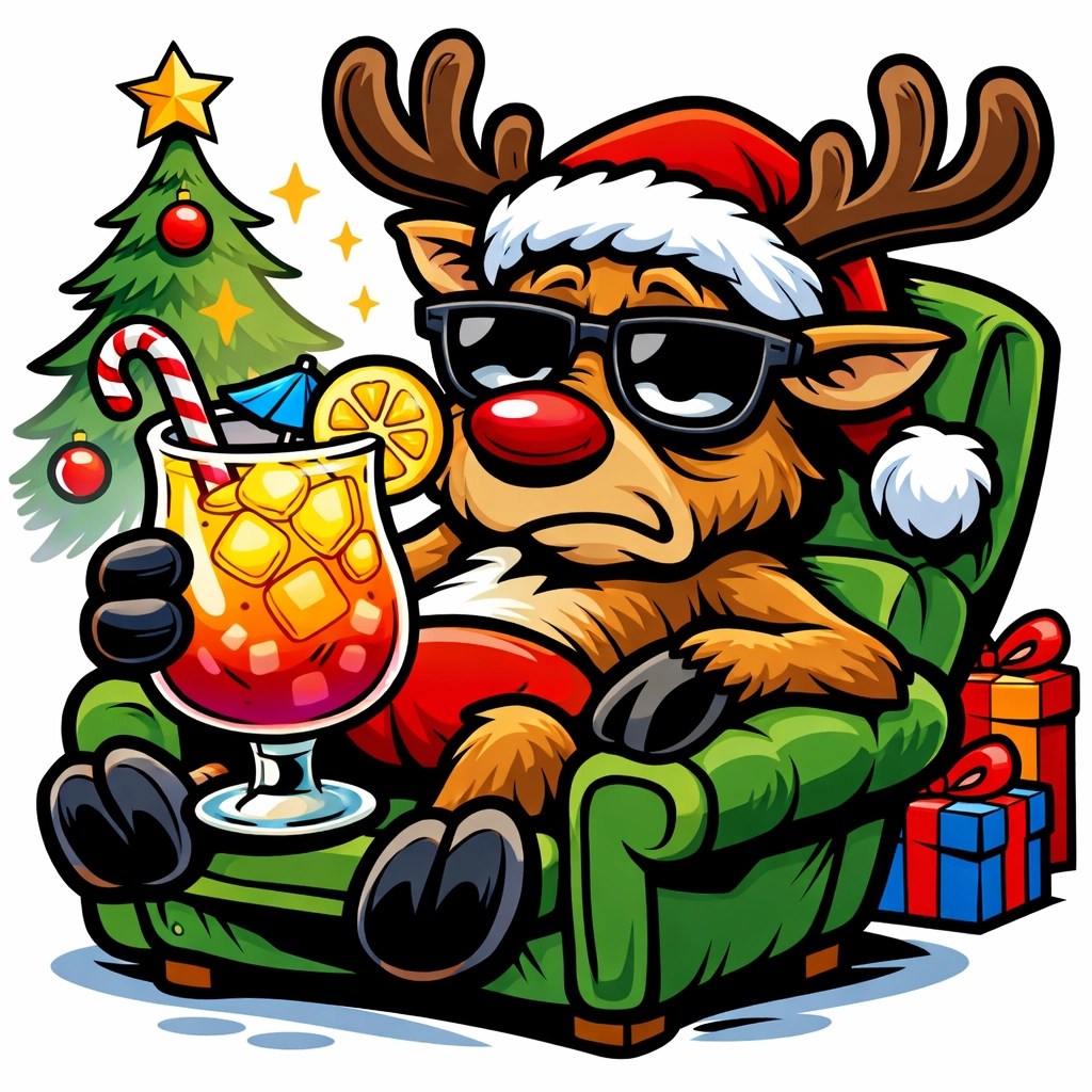 Sarcastic illustration of an exhausted reindeer holding a holiday cocktail for festive relief.