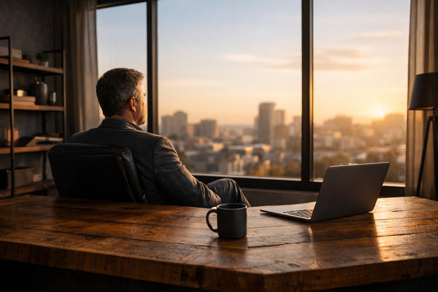 Business owner in a calm workspace focusing on long-term scaling and strategic growth