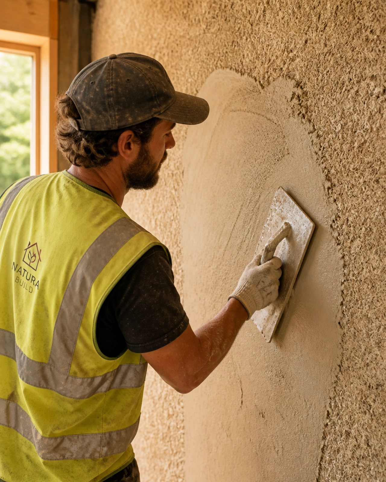 A skilled contractor applying a natural lime plaster finish to a textured hempcrete wall