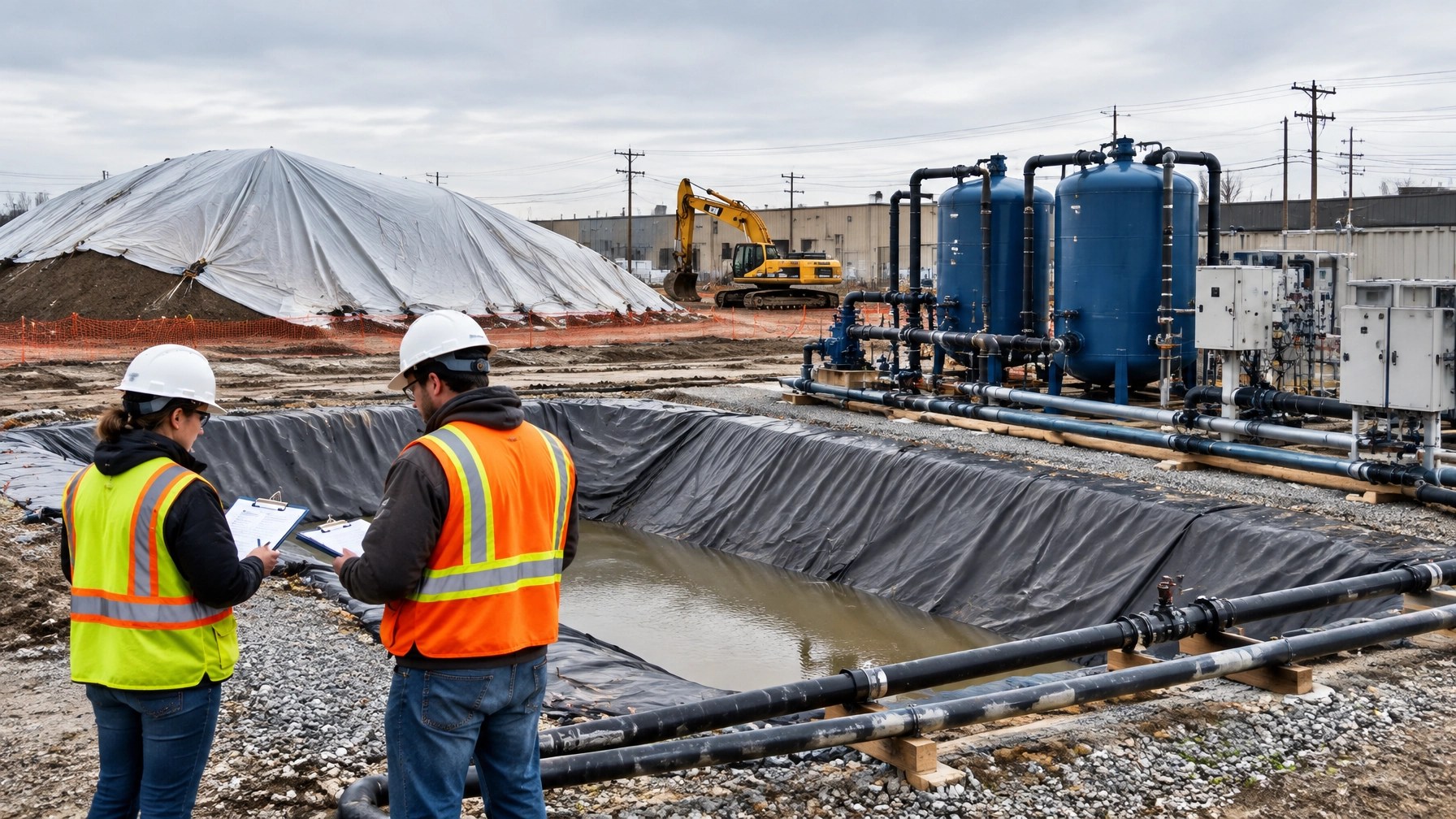 Field engineer and construction superintendent reviewing lined excavation and groundwater treatment equipment at a New Jersey remediation site