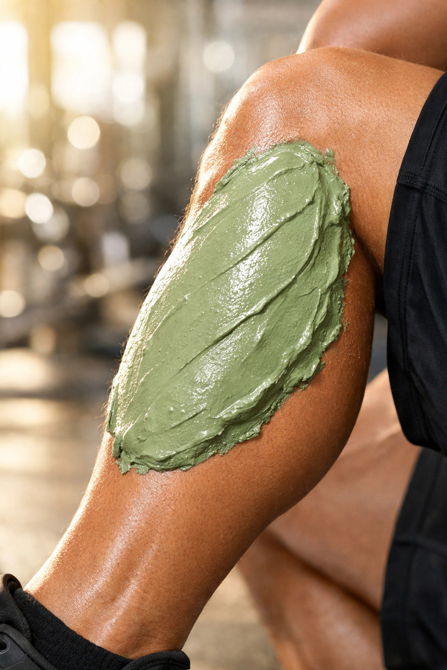 Athlete using French green clay paste on their leg for natural muscle recovery and healing.