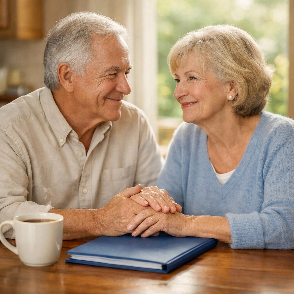 A relieved senior couple holding hands, representing financial security with final expense insurance.