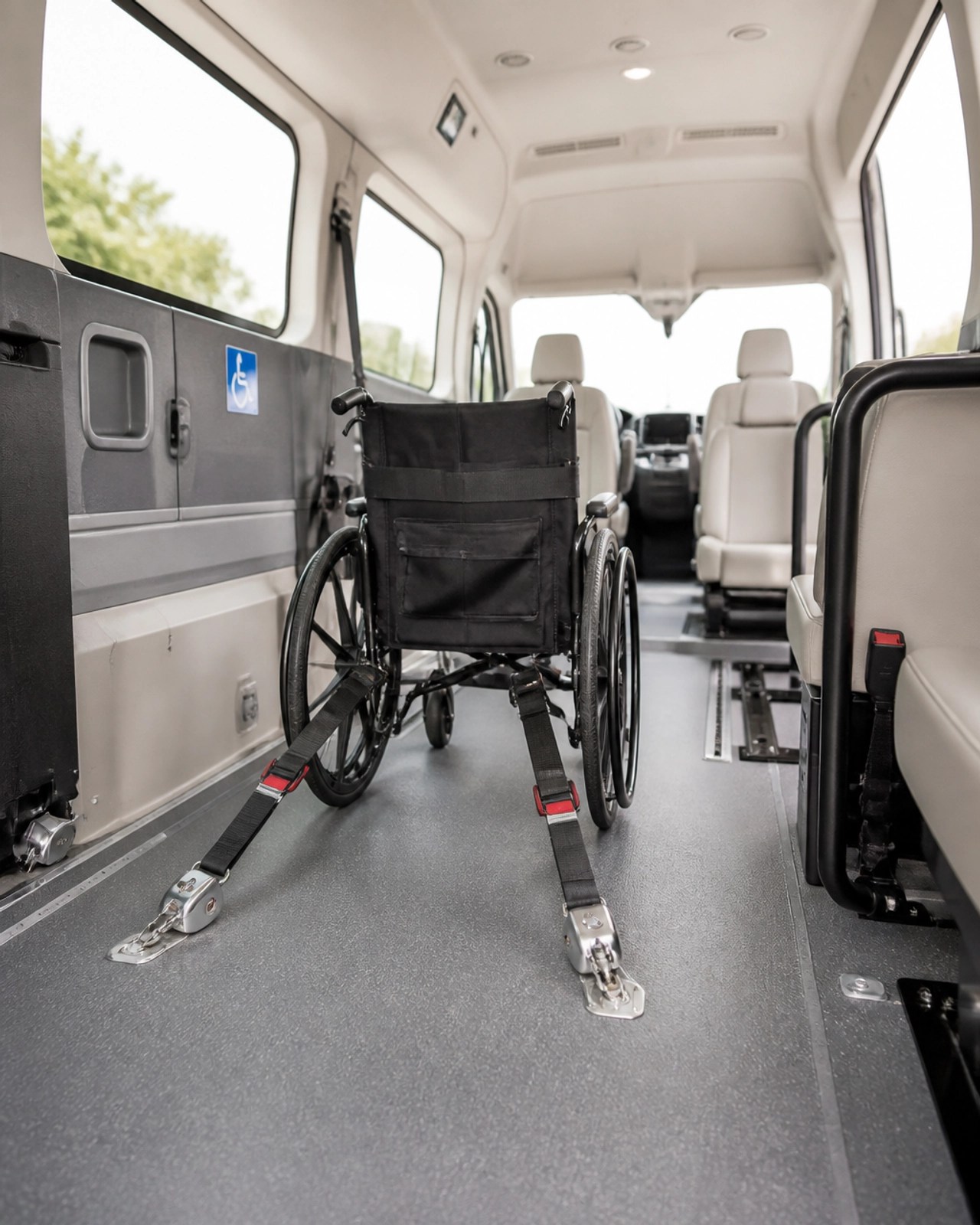 The interior of a wheelchair-accessible transport van