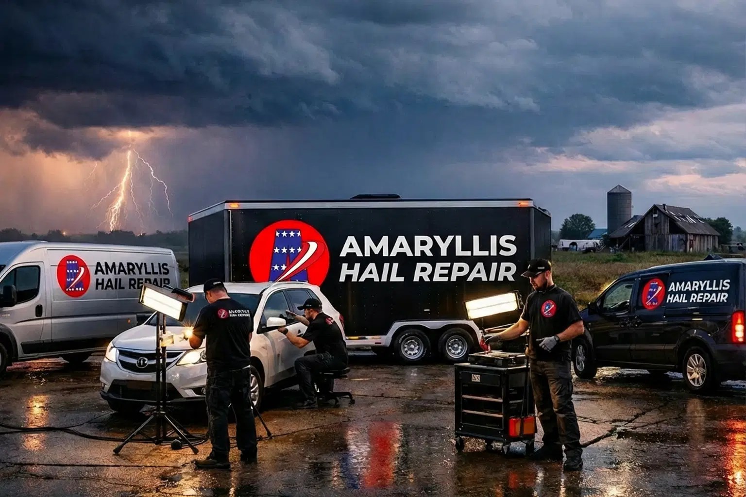 Amaryllis Hail Repair team working under stormy skies during active hail response operations.