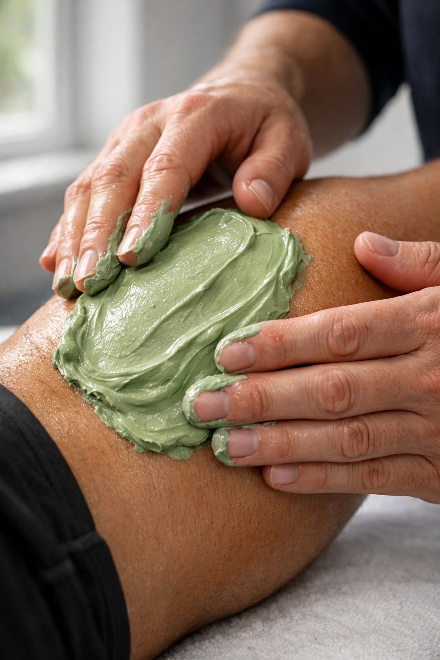 Trainer applying mineral-rich green clay to an athlete's leg to boost muscle recovery.