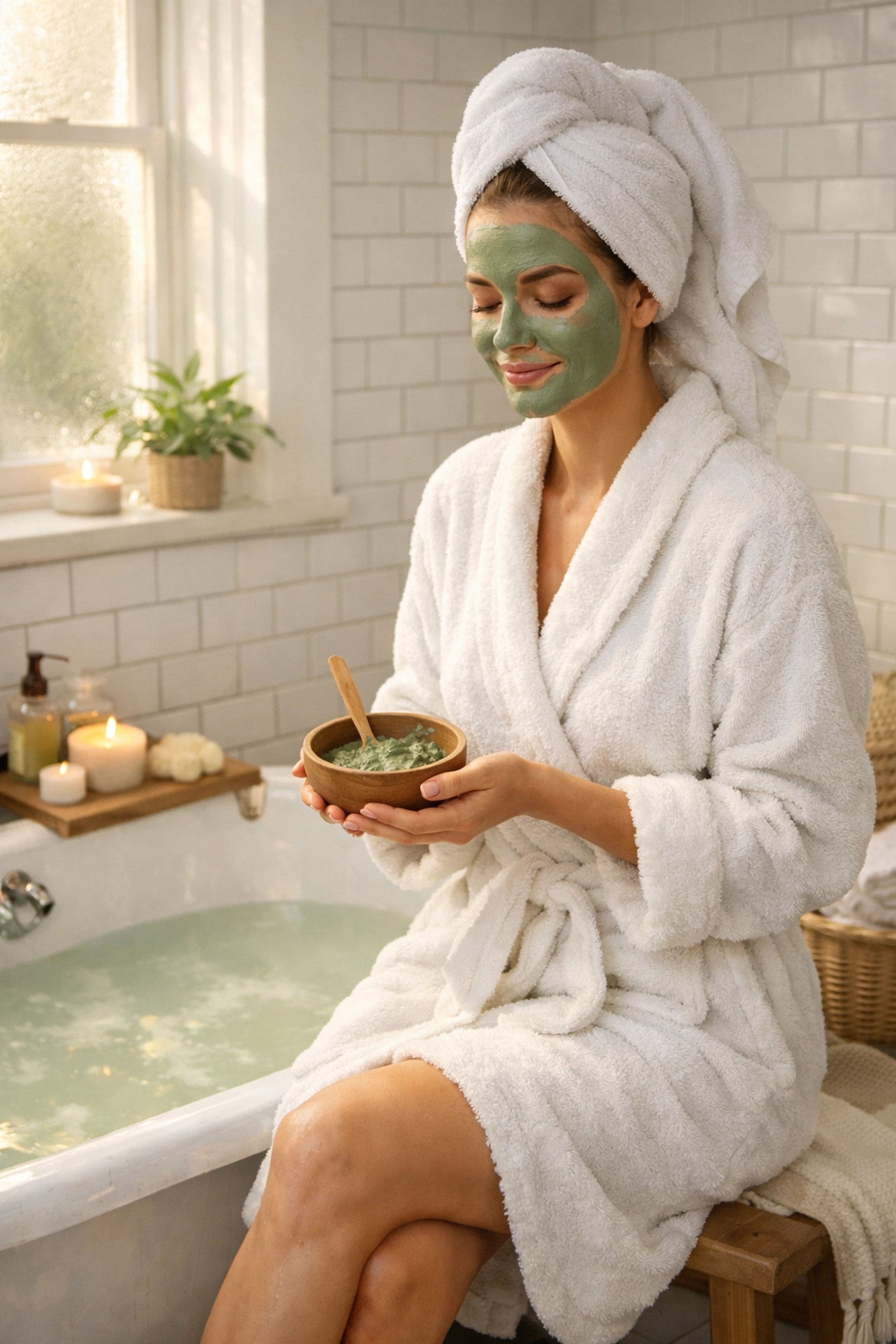 Woman wearing green clay face mask relaxing in bathroom during healing clay detox routine