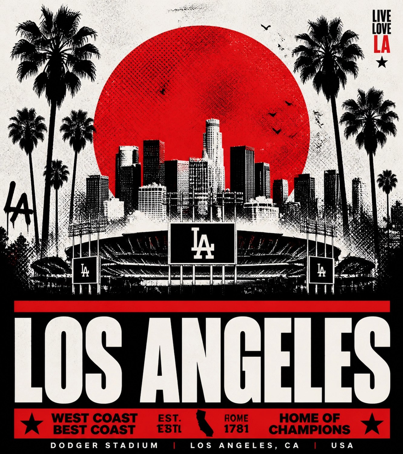 Stylized Los Angeles skyline and baseball stadium art, depicting the cultural fusion of West Coast sports.