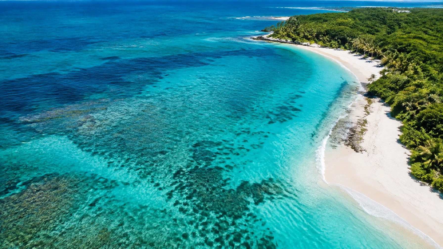 Aerial view of a quiet Mexican Caribbean island shore with vivid turquoise water and reef colors