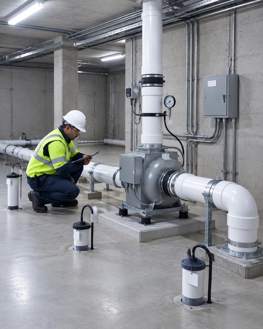 Clean vapor mitigation mechanical room with sub-slab depressurization equipment, pressure gauge, monitoring ports, and an engineer performing an inspection
