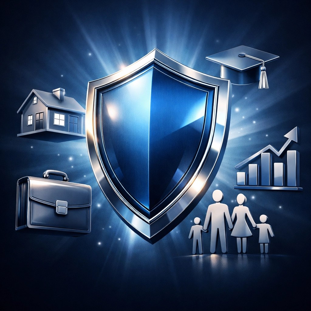 Financial protection shield with diversified wealth-building assets and family security symbols