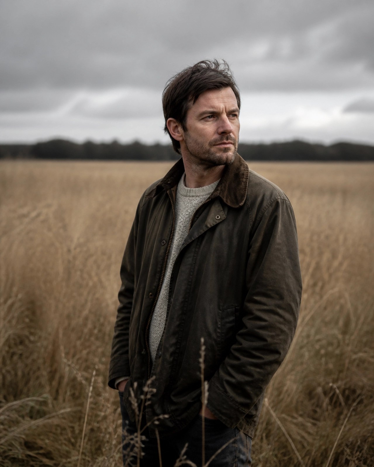 A person standing alone in a vast field under a heavy gray sky