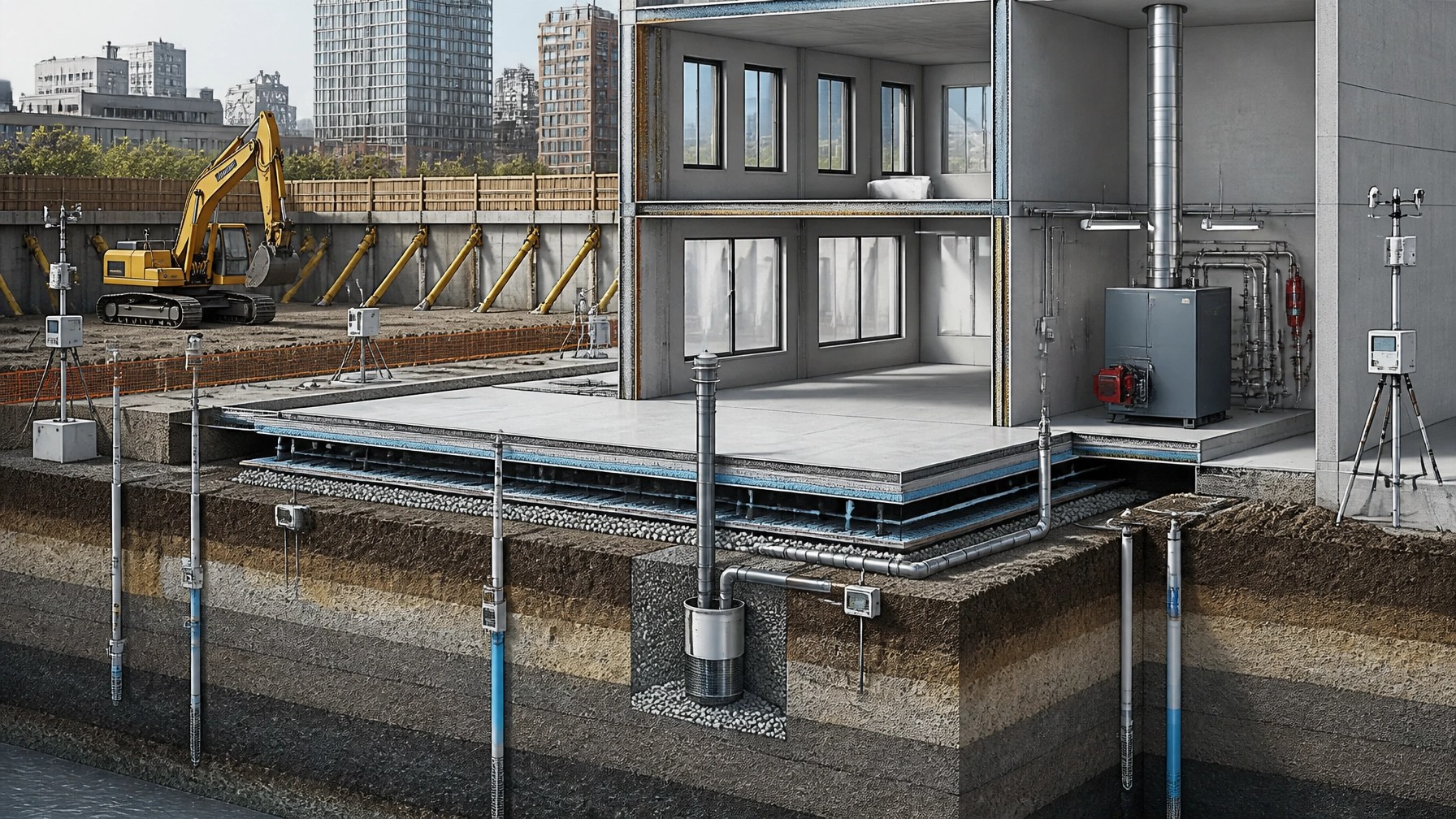 Technical cutaway showing vapor, air quality, noise, and construction controls at an NYC development site