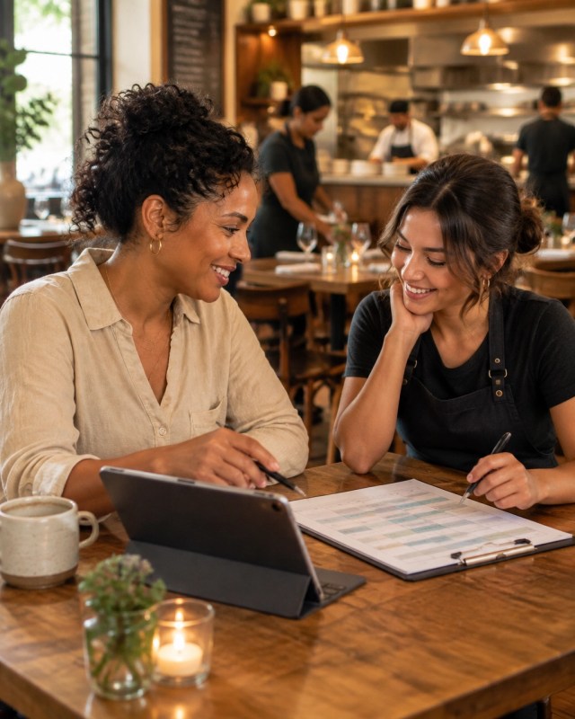 Restaurant owner and manager planning the weekly staff schedule together