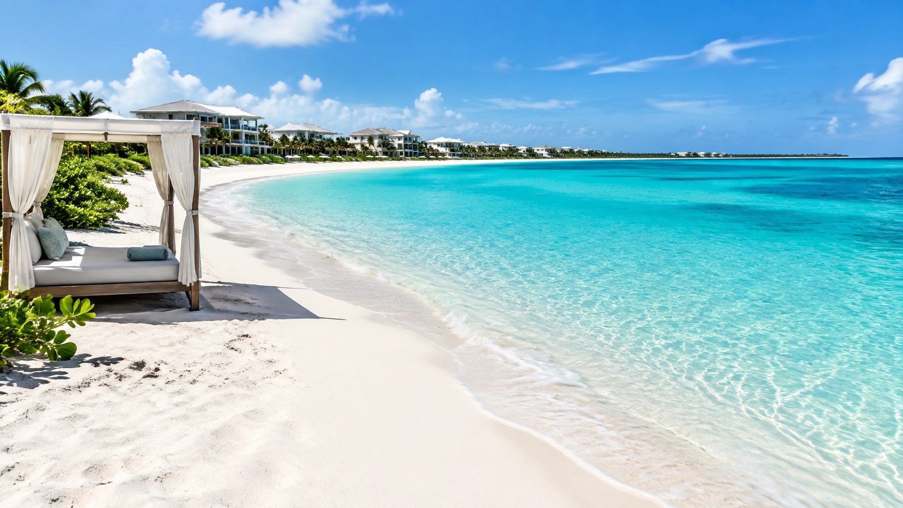 Empty Grace Bay beach with powder-white sand, layered turquoise water, and elegant low-rise resort architecture
