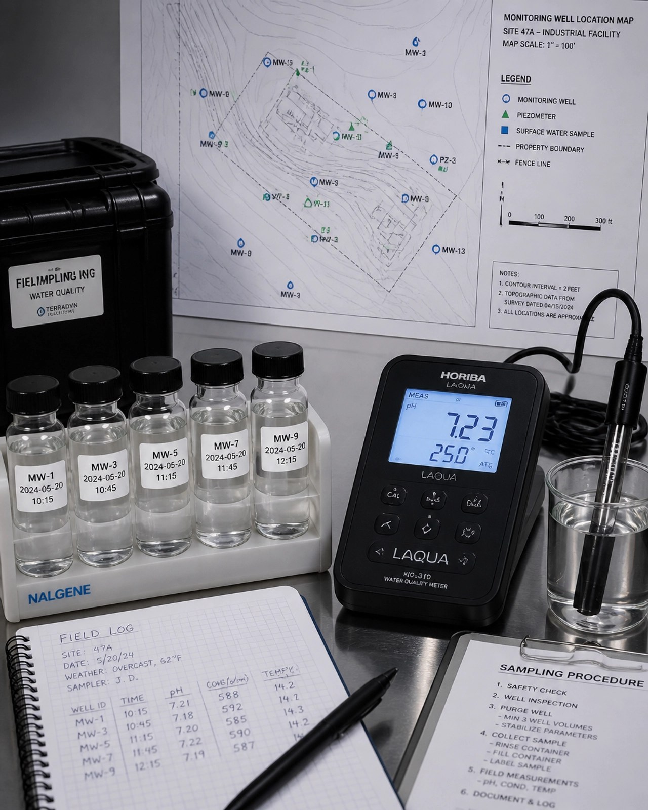 Environmental sampling equipment including glass vials and a site map on a technical workbench.