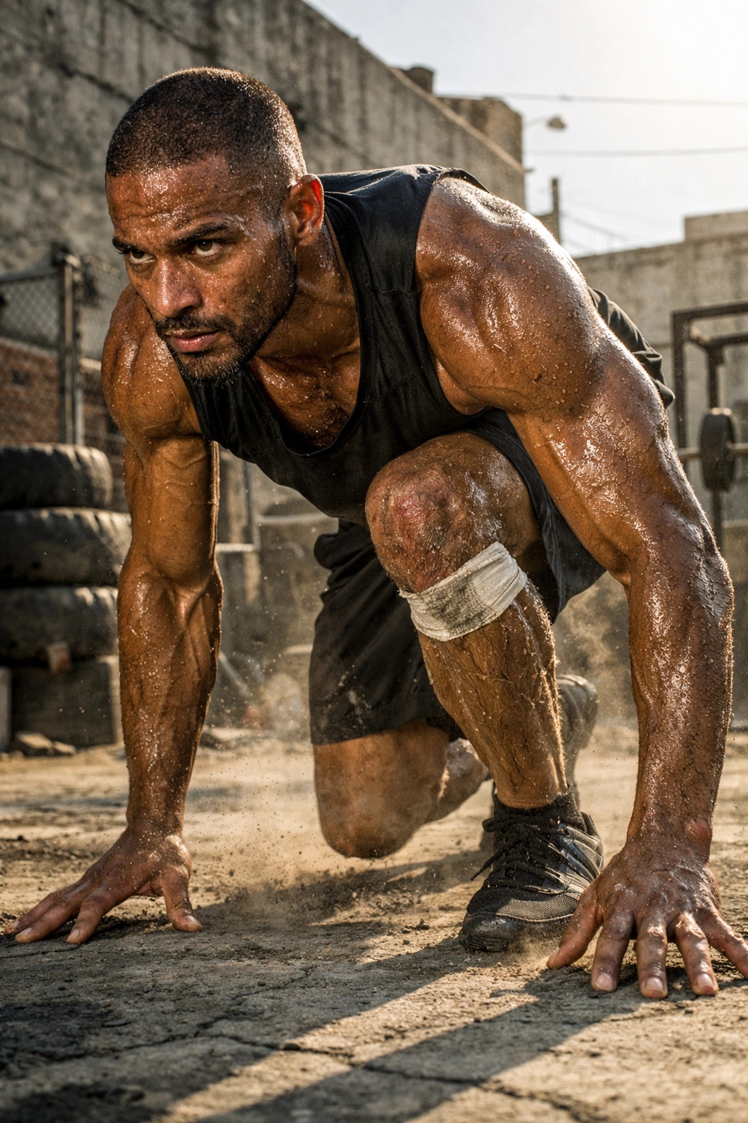 An athlete sweating in an urban gym, symbolizing the transition from muscle soreness to peak sports performance.