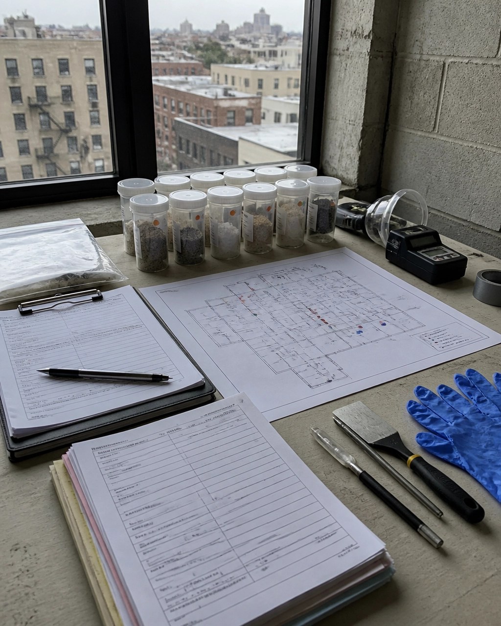 Commercial property due diligence worktable with asbestos sample containers and building material mapping