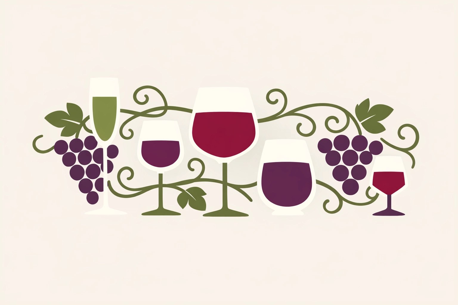 Minimalist illustration of diverse wine glasses and grapes representing Virginia gold medal wines.
