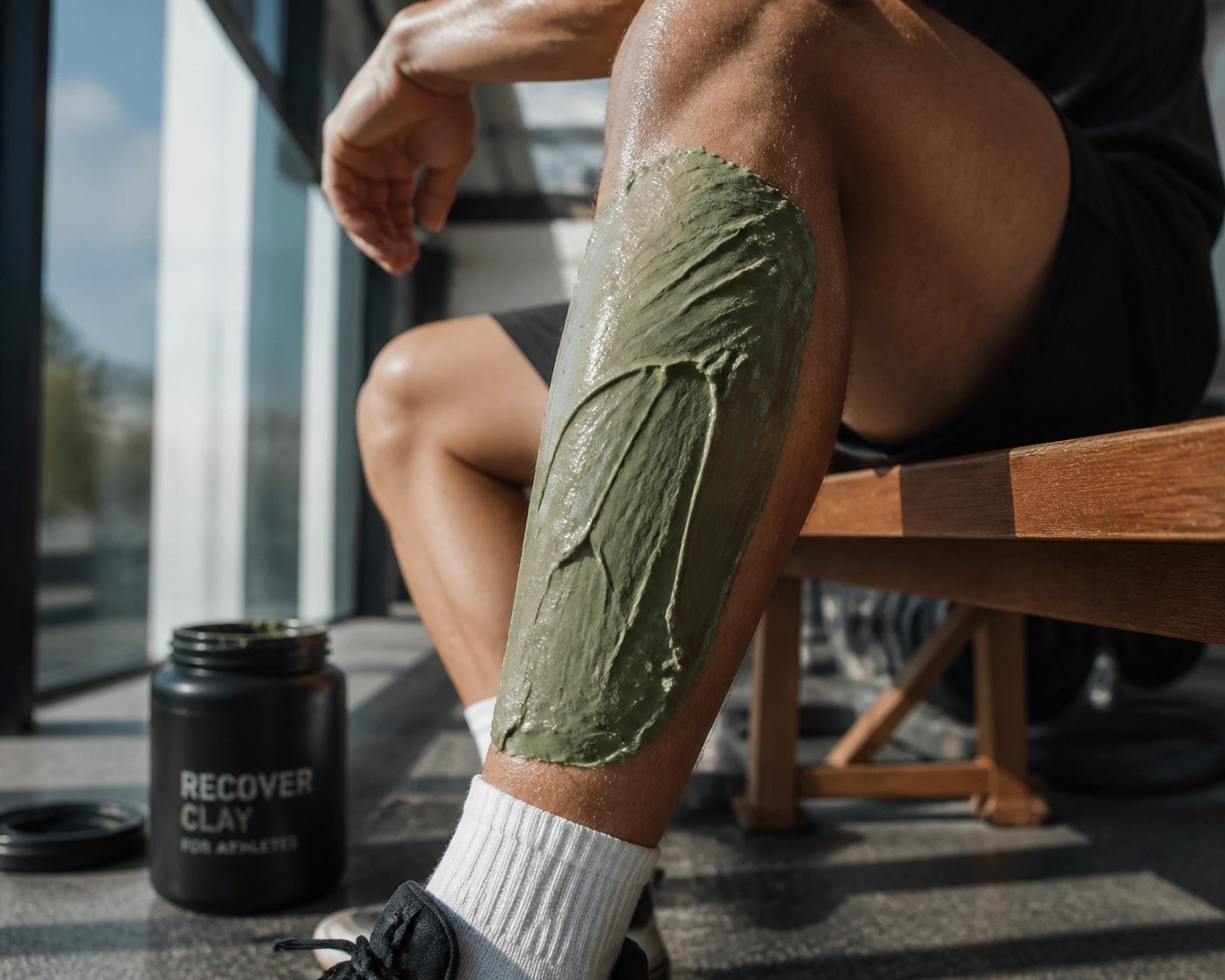 Athlete using a green clay poultice on a sore calf muscle for natural sports recovery and inflammation.