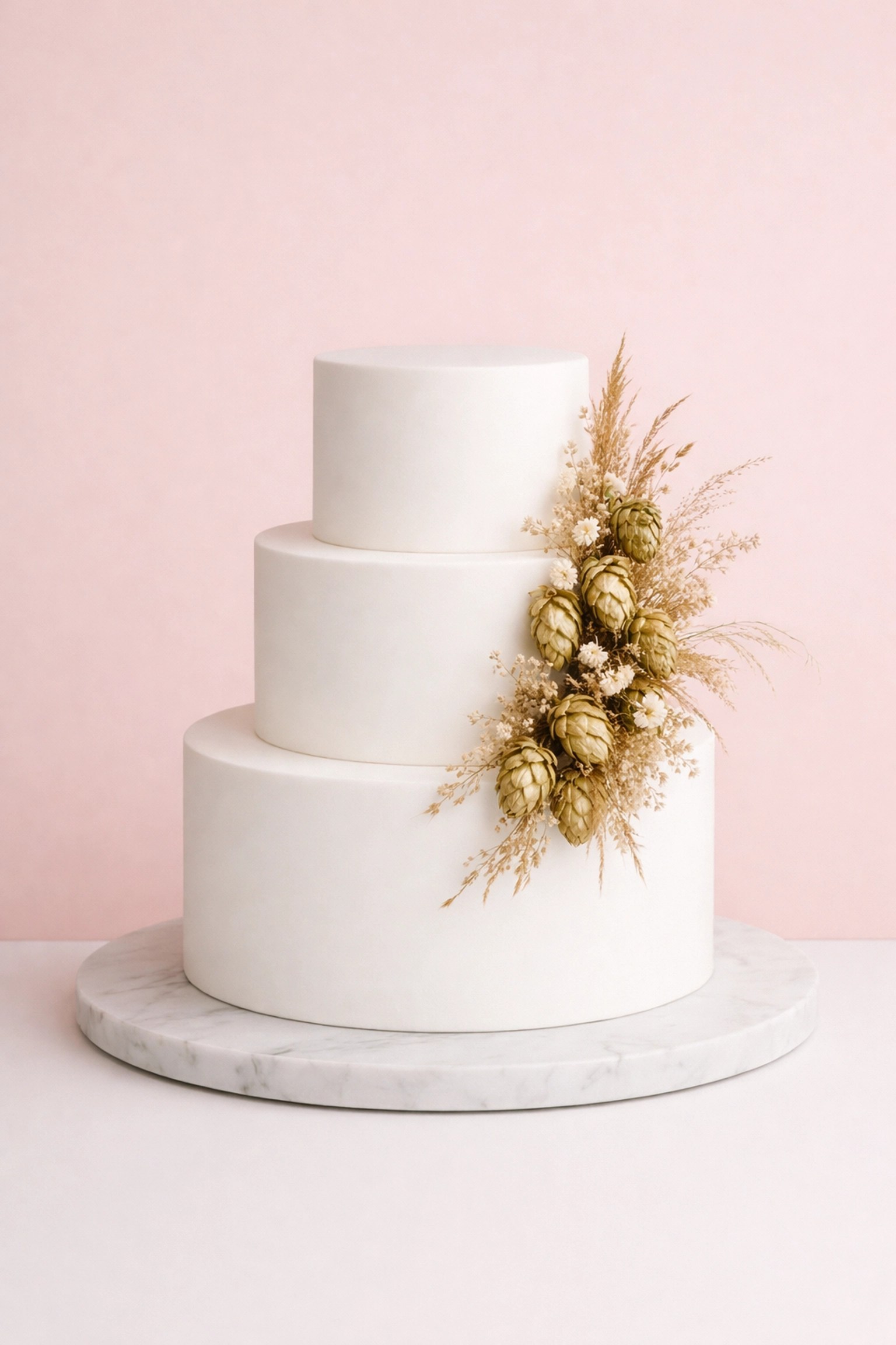Elegant three-tier wedding cake with local Kentish hops and wildflowers on a modern marble stand.