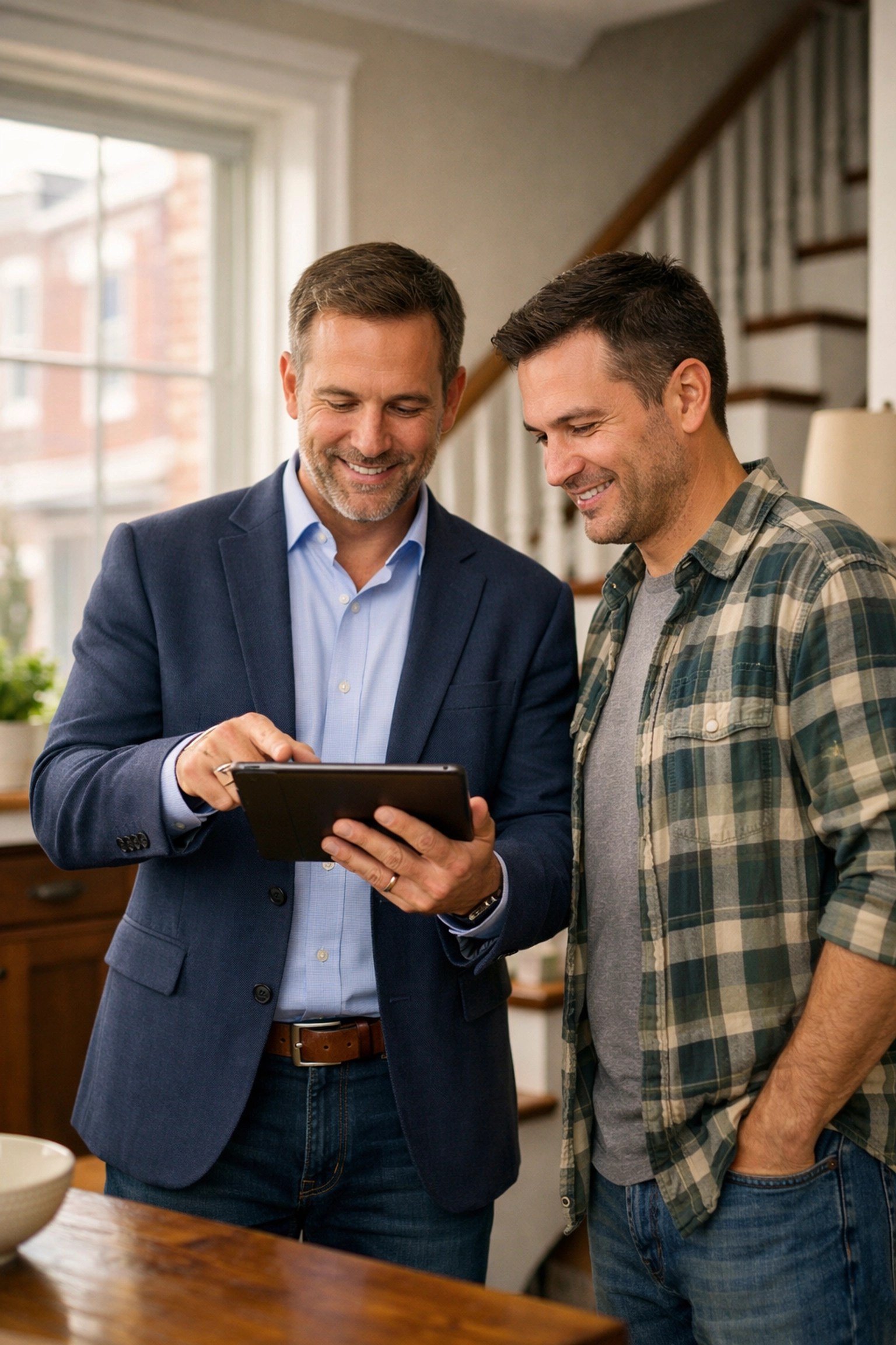 Professional advocate and Philadelphia homeowner reviewing property damage claim details on a tablet.