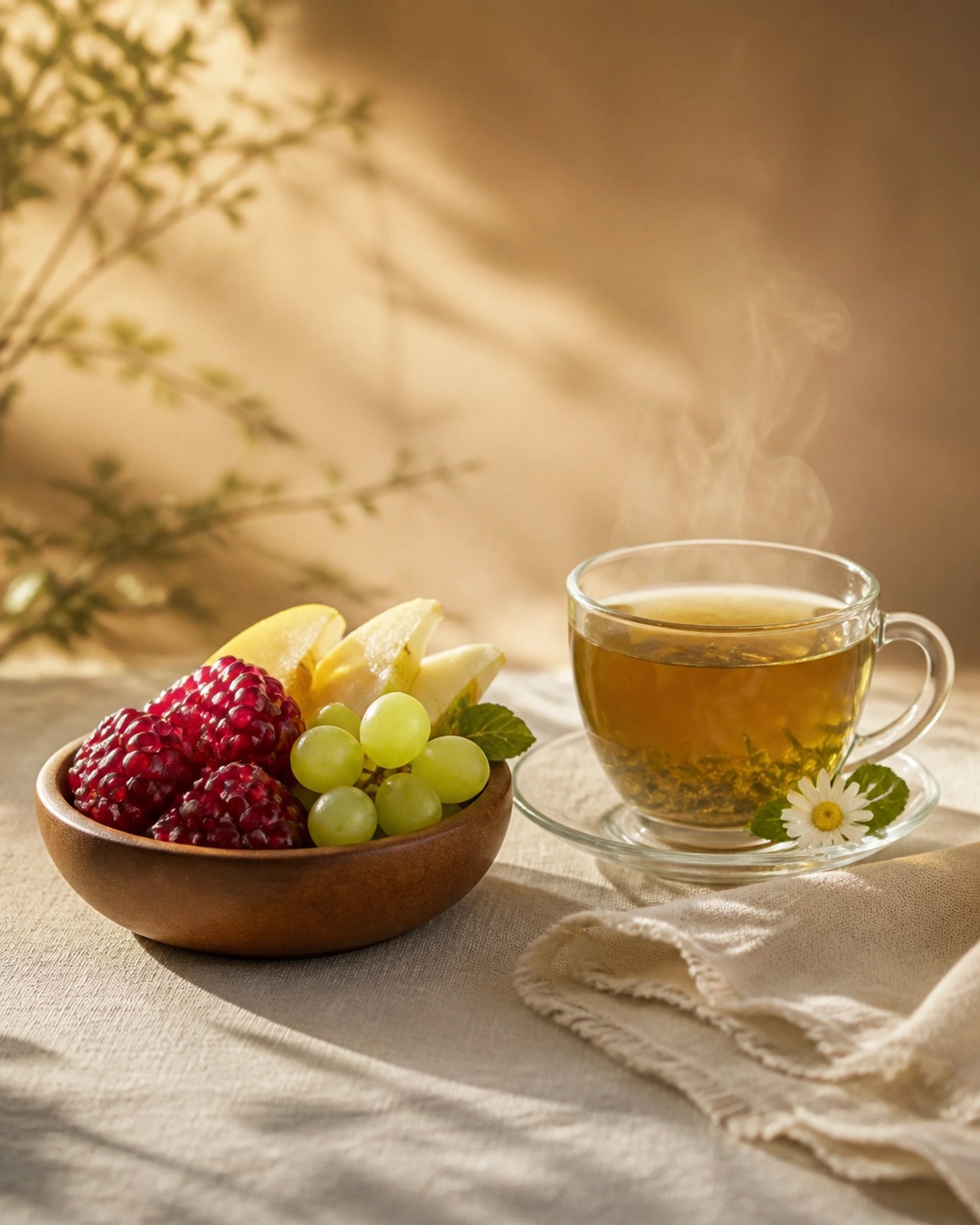 A peaceful setting with a steaming cup of herbal tea and seasonal fruit, illustrating the importance of tranquility and mindfulness in nutrition.