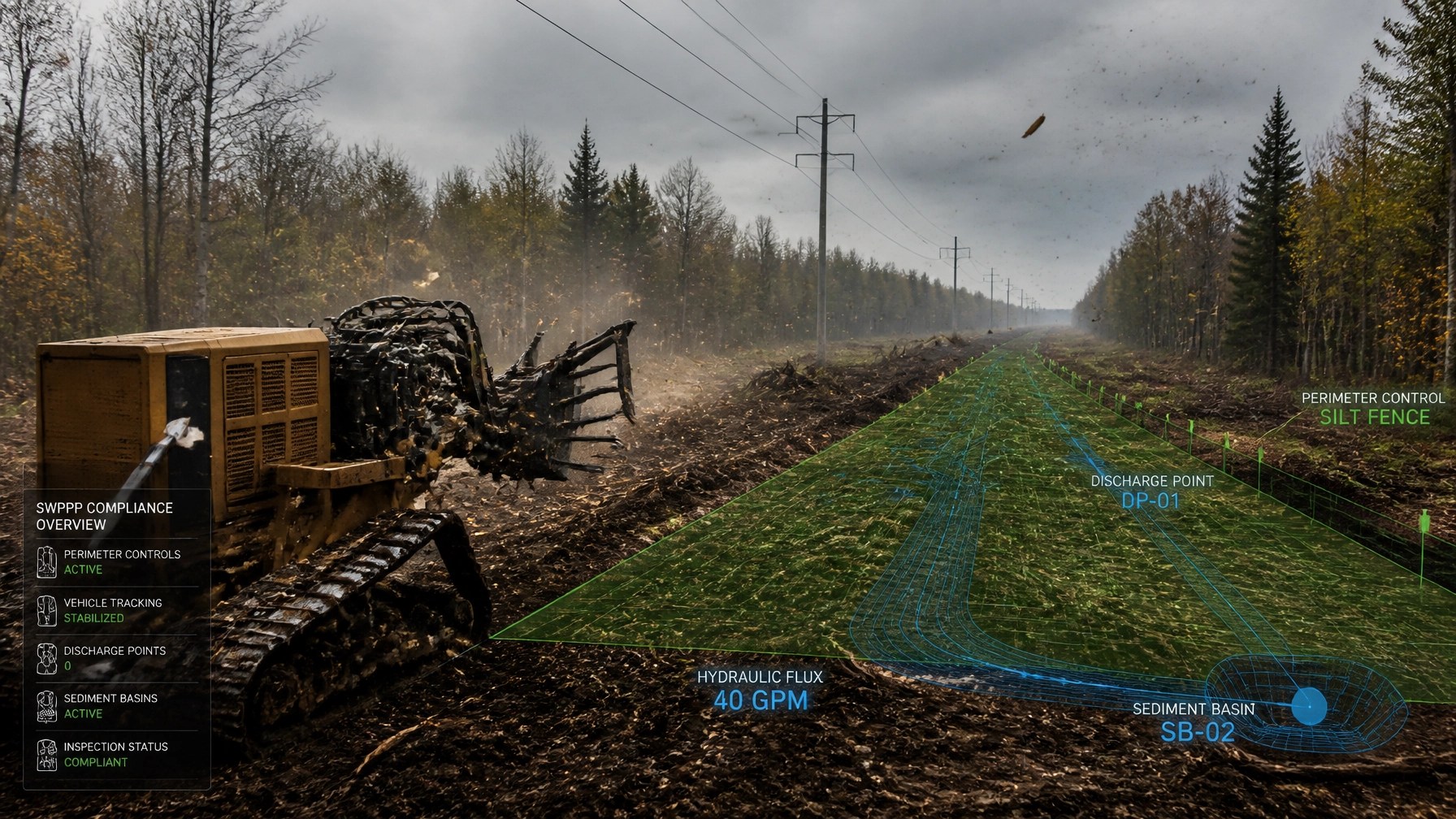 Wide shot of a cleared utility corridor with ATR CAD-style overlays showing SWPPP compliance and hydraulic flux markers.
