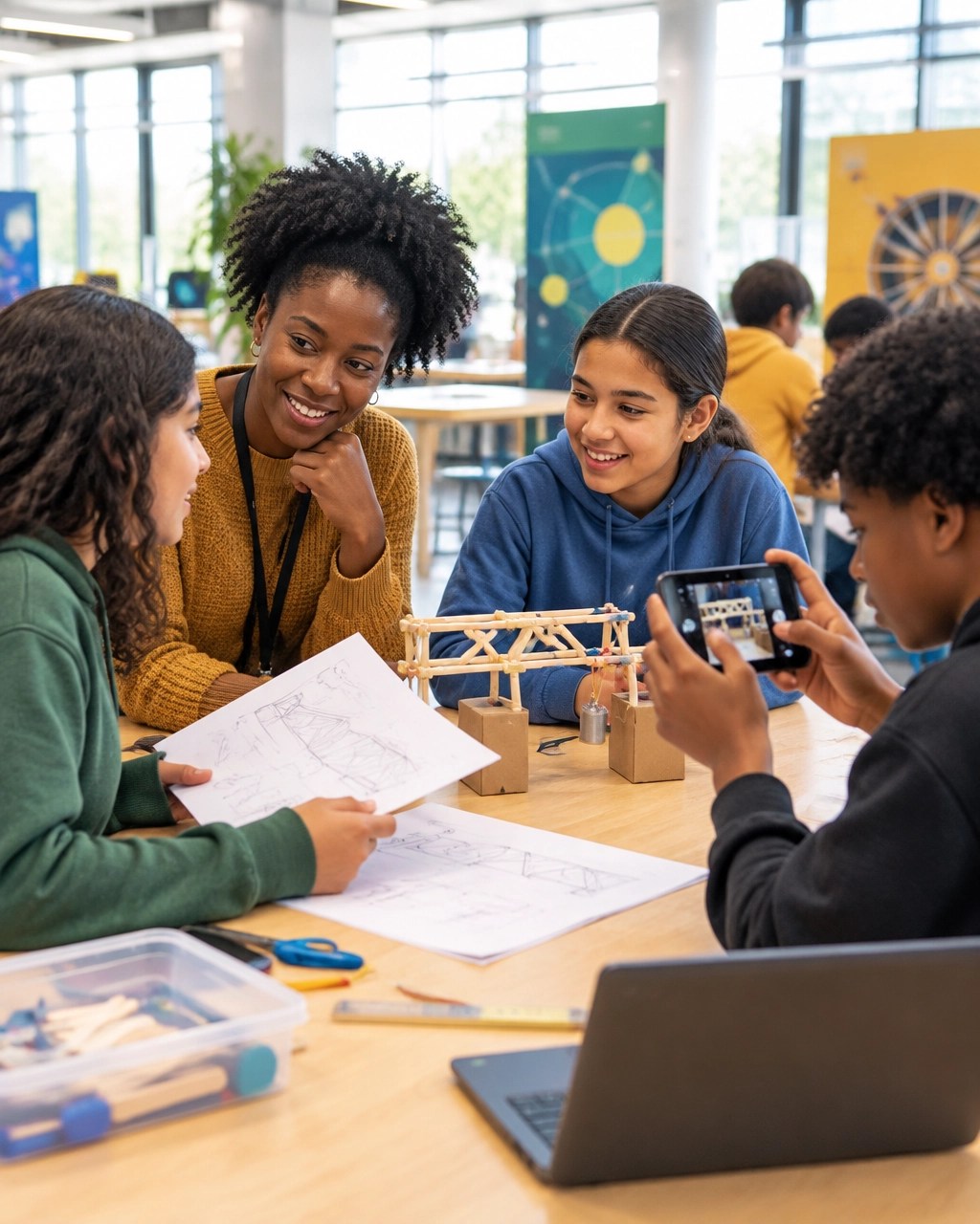 Students and an educator sharing observations during a hands-on science activity