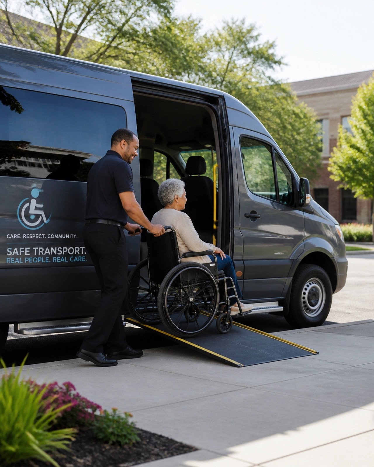 A specialized transport van with a wheelchair ramp extended and a driver assisting a passenger.