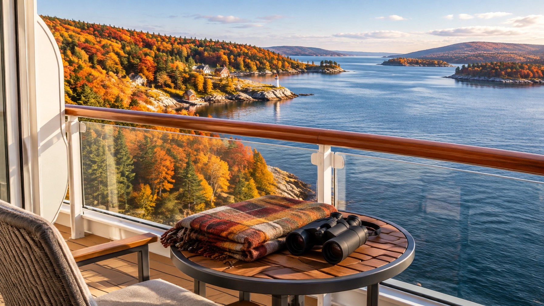 Empty cruise balcony overlooking brilliant fall foliage and coastal water