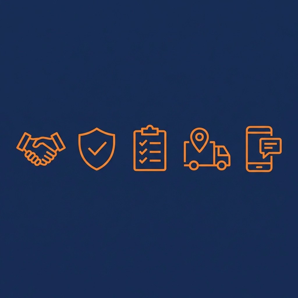 Minimalistic illustration of reliable freight broker services with icons for quality and communication