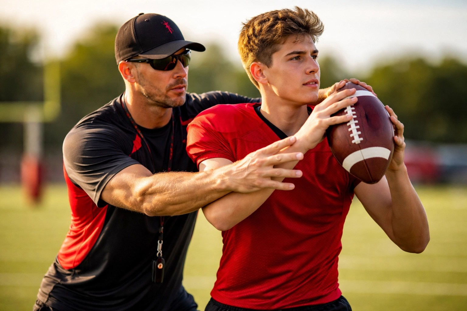 Football coach guides teenage quarterback’s hand placement on field, demonstrating position-specific training techniques