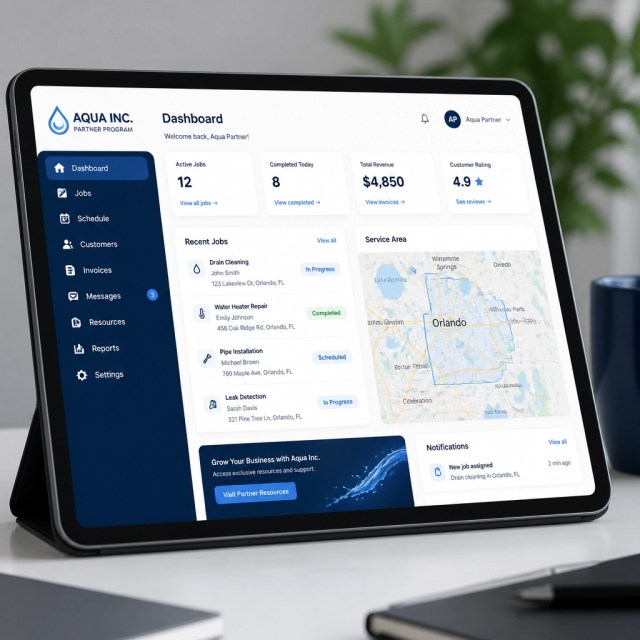A professional close-up of a digital tablet displaying a plumbing service dashboard with 'Aqua Inc. Partner Program' branding.