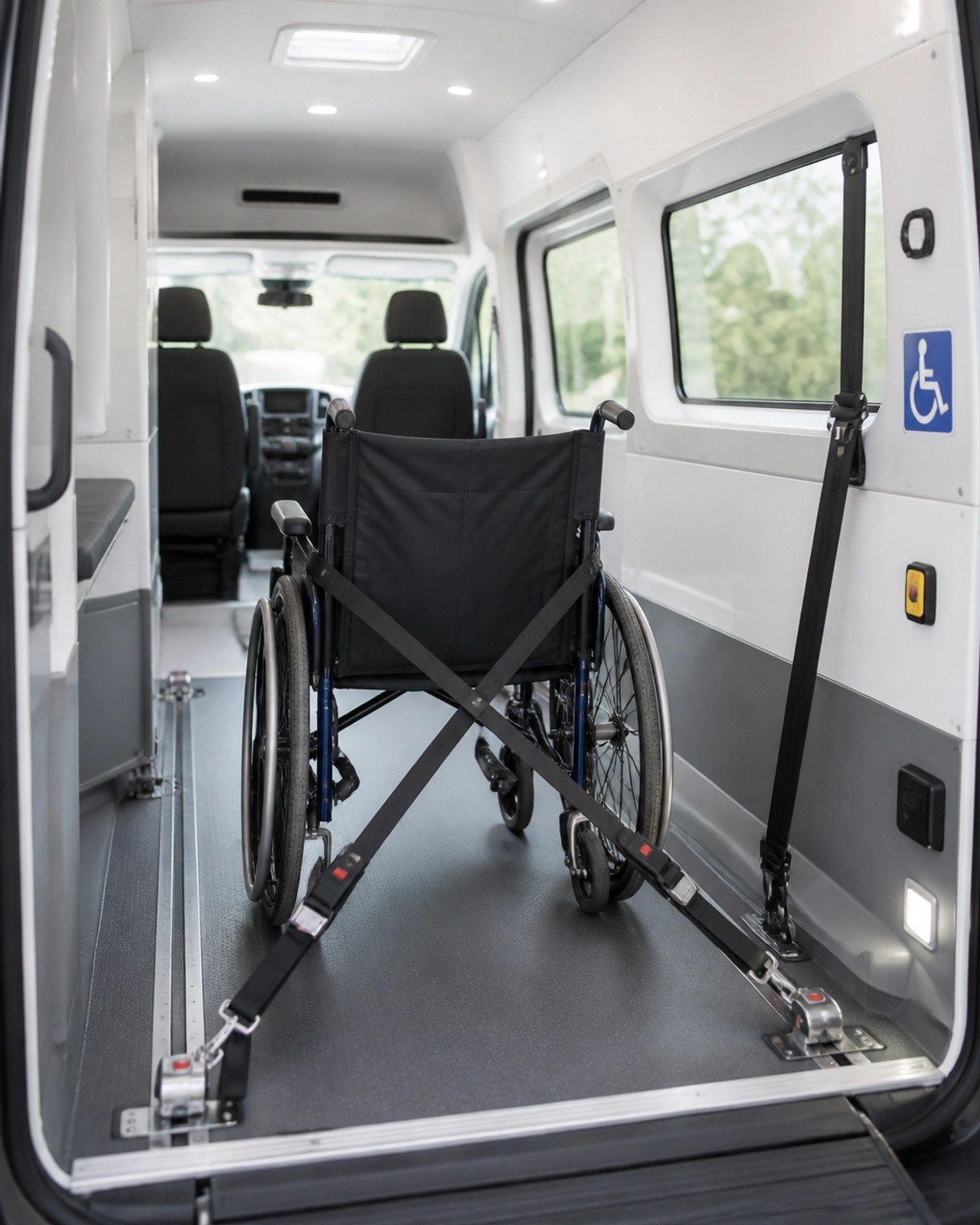 The interior of an NEMT van showing a wheelchair securely fastened with safety straps