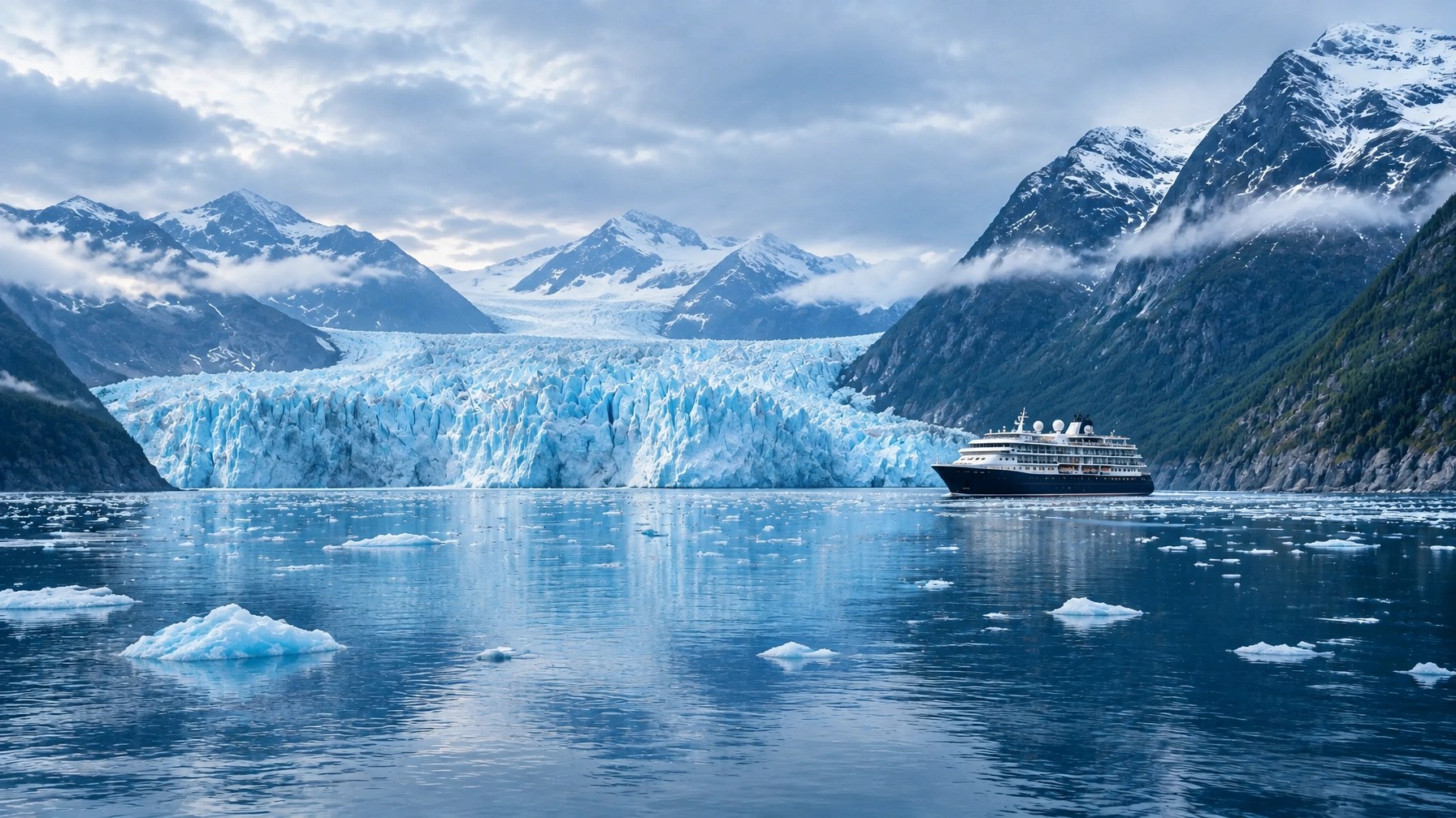 A distant cruise ship dwarfed by the ice and mountains of Glacier Bay