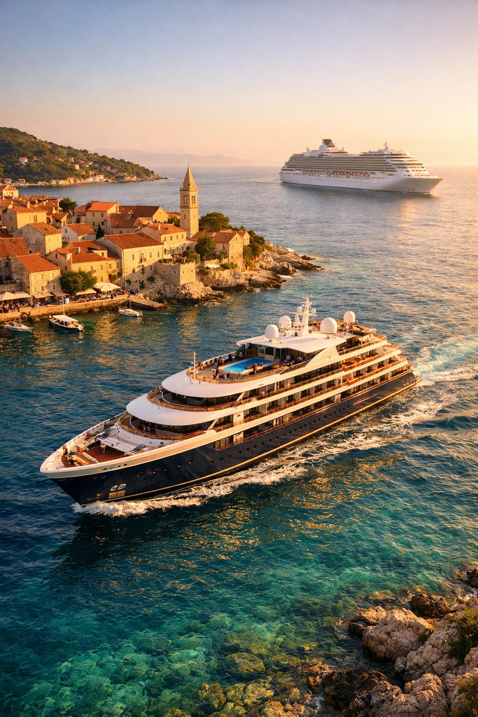 Small luxury yacht sailing Mediterranean coast compared to large cruise ship in background