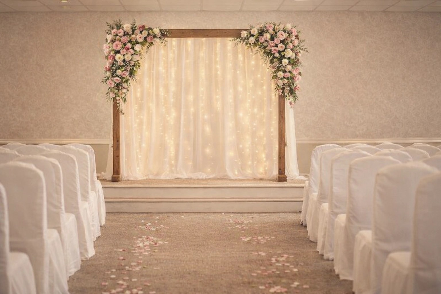 Spring ceremony arbor with tulips and peonies in Price Creek Event Center’s indoor ceremony room near Iowa City and Cedar Rapids