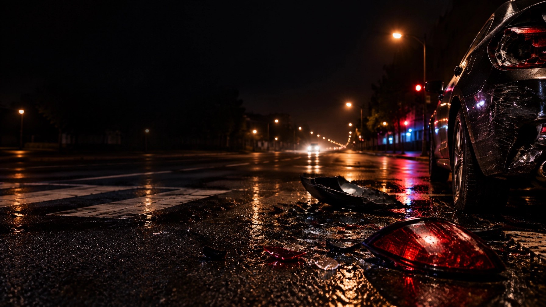 Deserted intersection at night after a hit-and-run crash, with broken taillight debris in the foreground and distant headlights disappearing