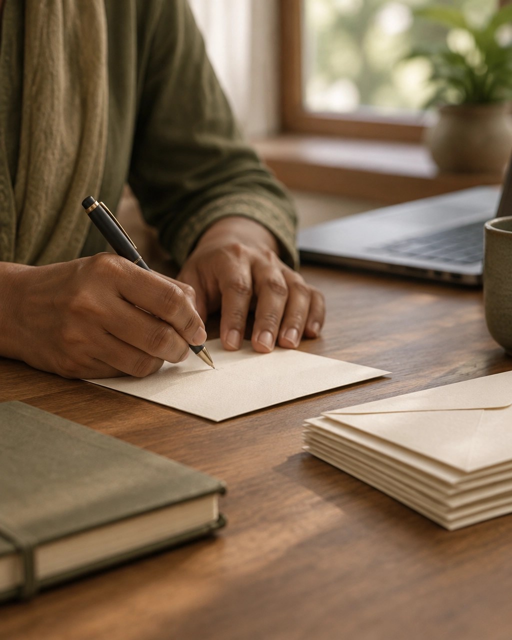 An NGO team member writes a donor thank-you card, with envelopes and a notebook nearby