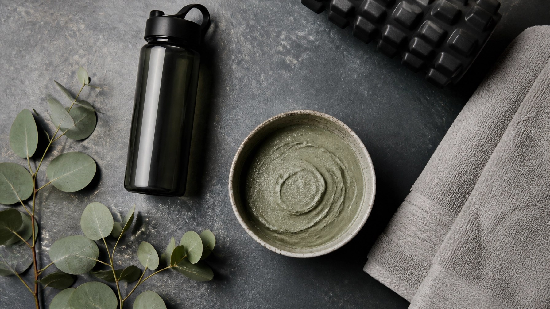 A top-down view of a modern athlete's recovery station with a water bottle, a towel, and a bowl of rich green clay paste.