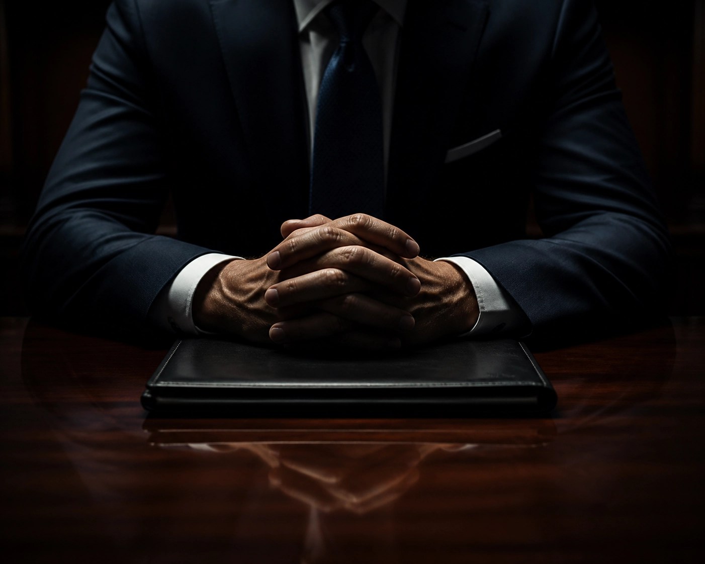 Close-up of hands clasped on a desk in a dark room representing a corporate ransom payment decision.