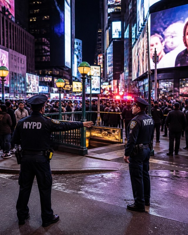 NYPD officers and emergency personnel securing a Times Square intersection after a violent incident