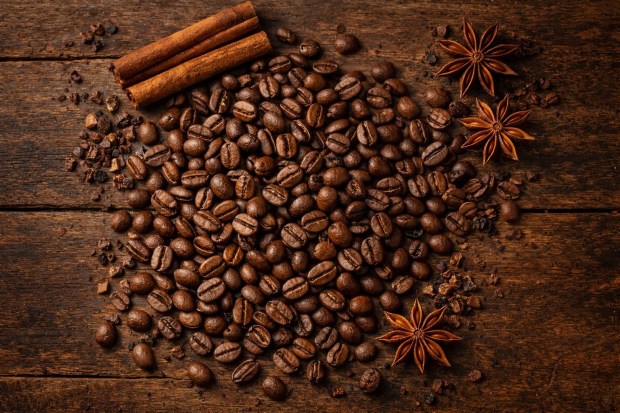 Mexican coffee beans with star anise and cinnamon on rustic wood surface