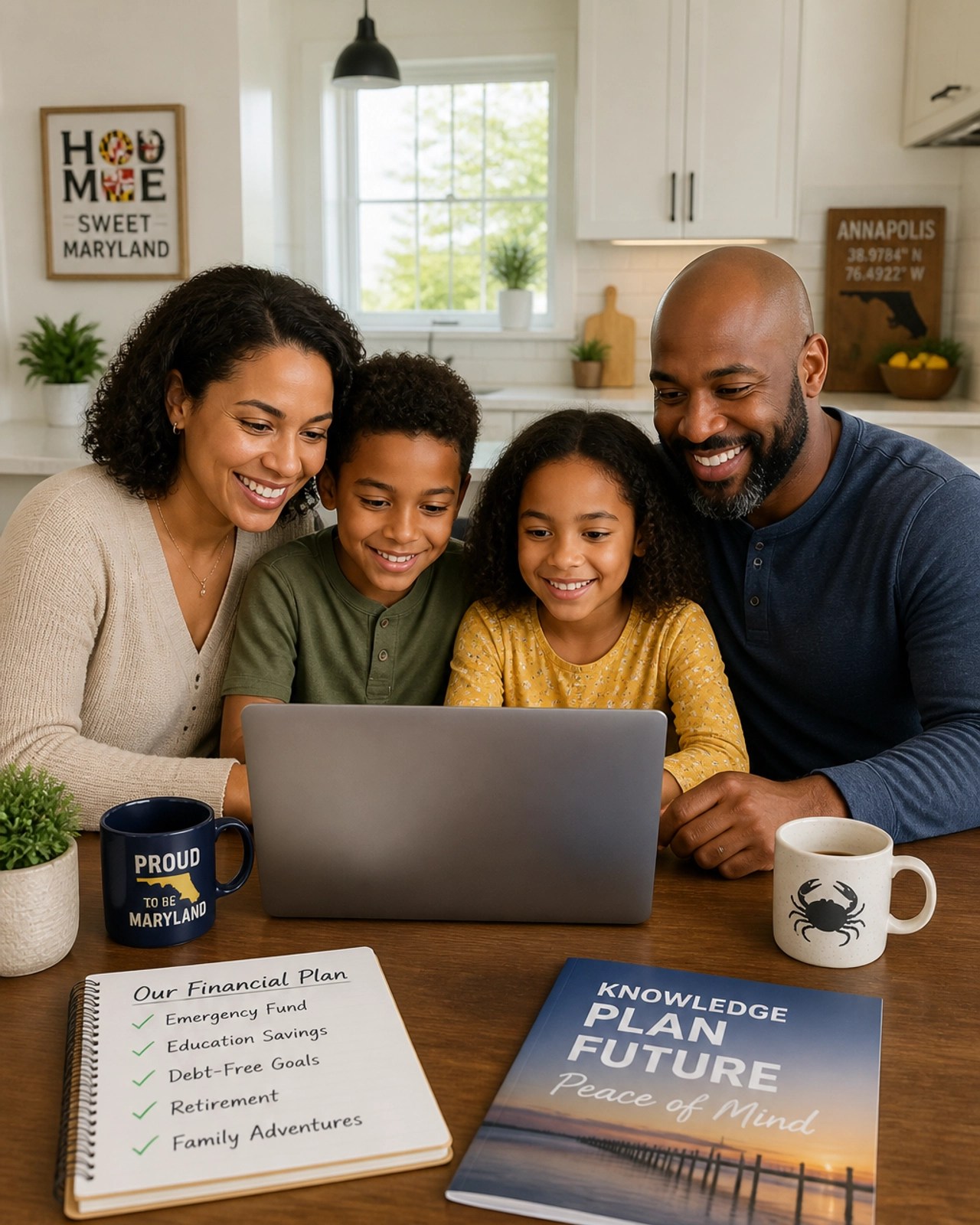 A Maryland family looking empowered and relieved while planning their finances at home.