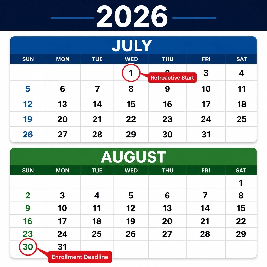 A calendar highlighting the July 1st retroactive start and the August 30th deadline