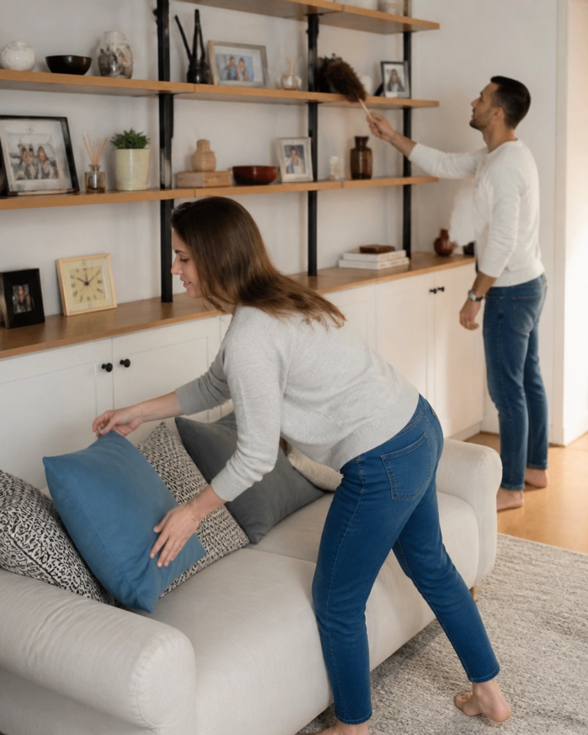 A family working together in a casual living room to tidy up and dust